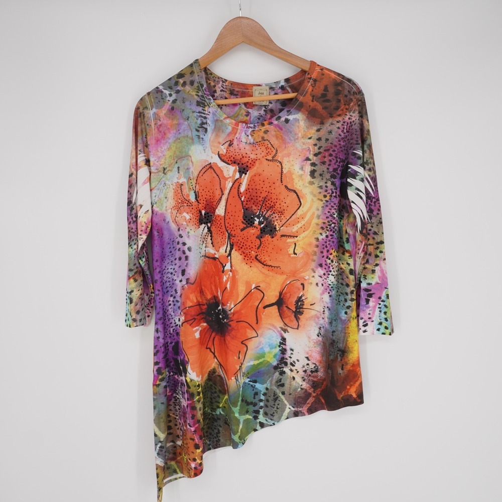 Jess & Jane Floral Mixed Print Tunic Top M Multicolor Asymmetrical Rhinestone